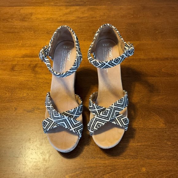 Toms Sienna Aztec strappy wedge corkwood sandals 9.5 black white - Picture 2 of 13